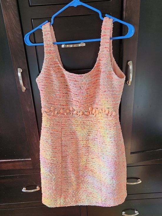 Boston Proper Dresses & Skirts - Boston Proper Pink Tweed Rhinestone Mini Sheath Dress with Waist Embellishment